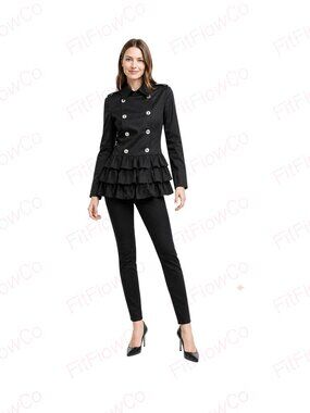 Express Black Trench Jacket XS Double Breasted Logo Button Ruffle Hem